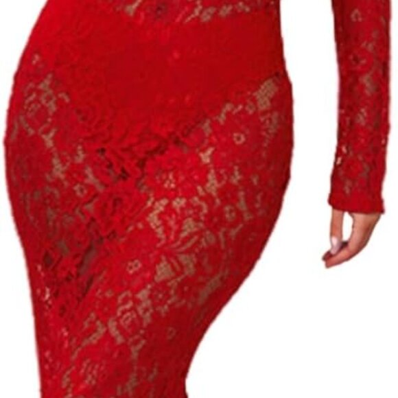 Women's Floral Lace Maxi Dress Long Sleeve Elegant See Through Beach Cover Up - Picture 1 of 6